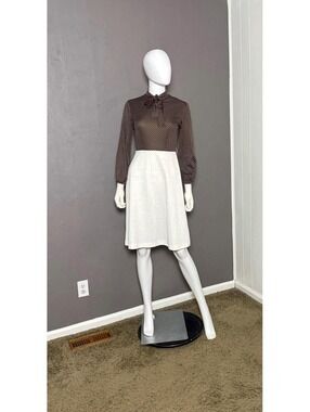 1970's MOD Secretary Dress Brown Polka Dot + Cream Color Blocked Bow Neck S-M